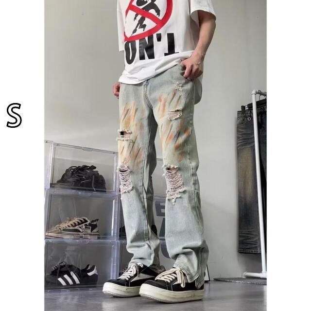 [S]メンズ ファッション 服 男性用 オシャレ シンプル 大人 かっこいい 大きいサイズ ストリート 紳士服 夏 薄手 ライト ブルー ストリート ジーンズ ハイエンド パンツ フレア ストレート レ