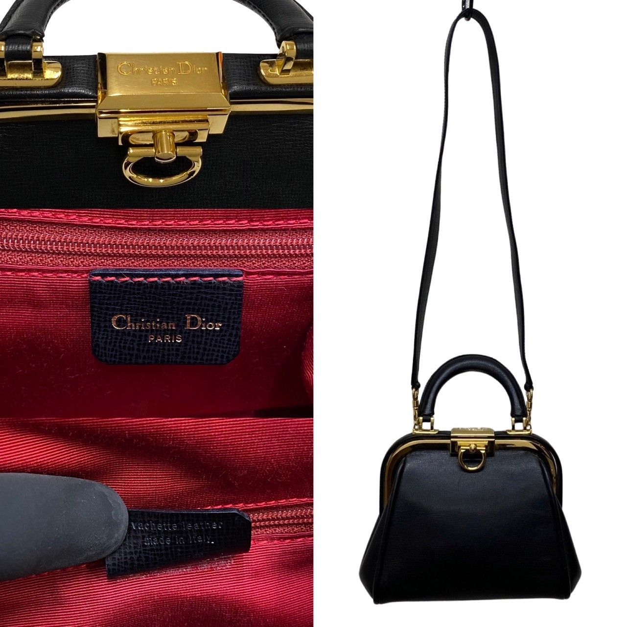 【美品】ディオール　ハンドバッグ　2way　がま口　ゴールド金具　レザー　黒色 極 美品 希少品 Christian Dior ディオール ロゴ 金具 レザー 本