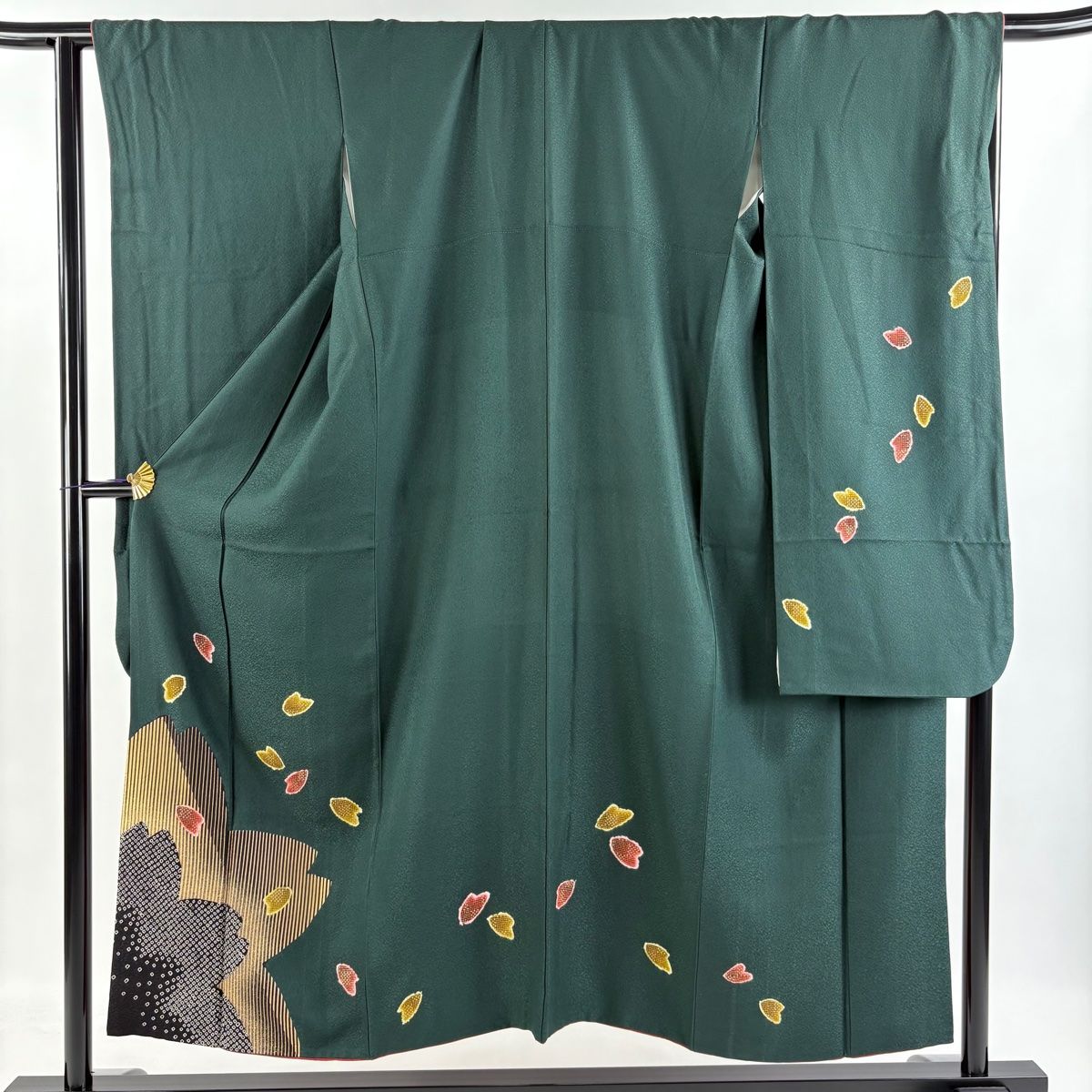 振袖 身丈151cm 裄丈65cm M 袷 桜 花びら 金彩 深緑 正絹 美品