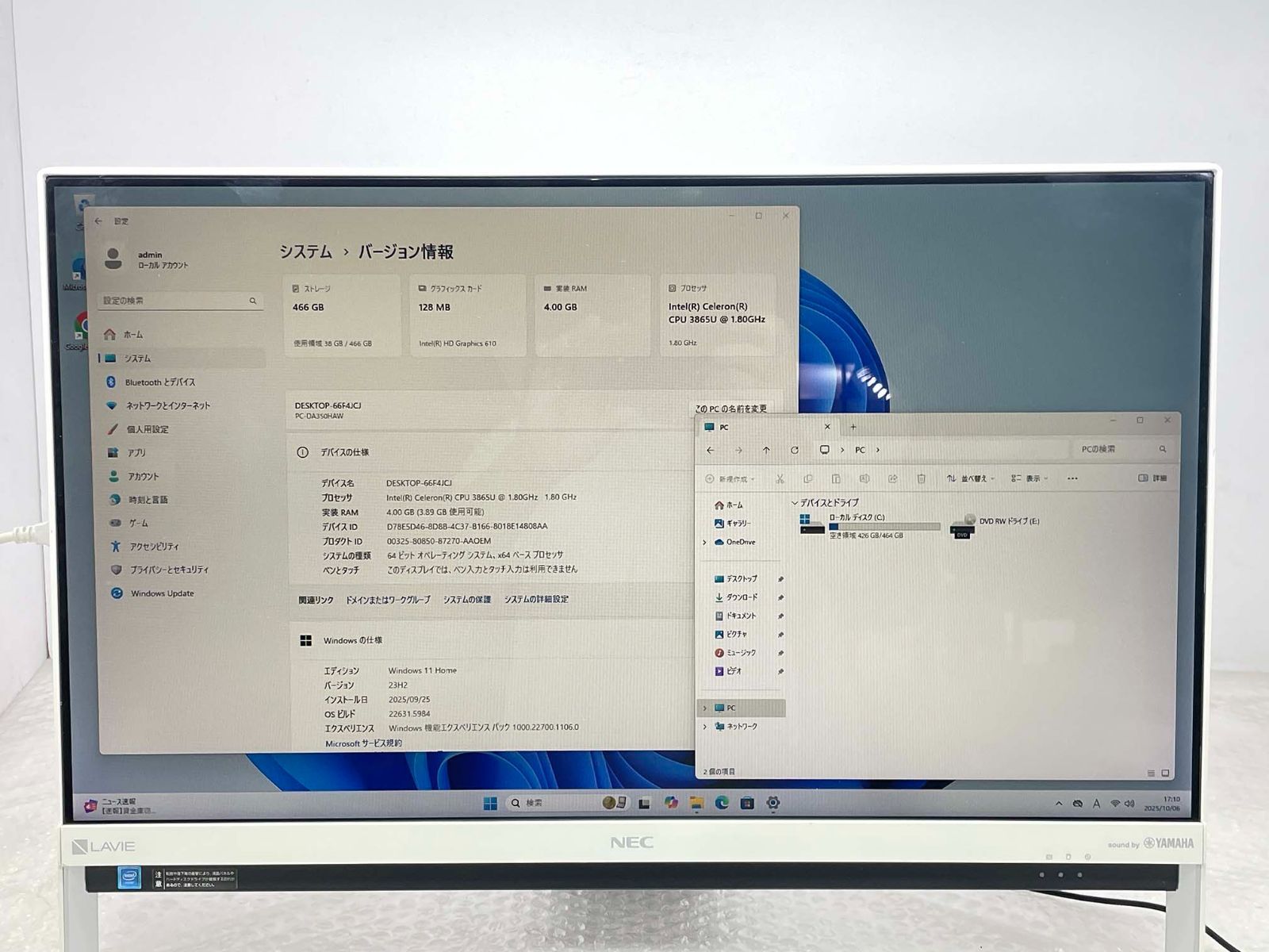 Windowsデスクトップ NEC PC-DA350HAW/Win11/4GB/Celeron3865U