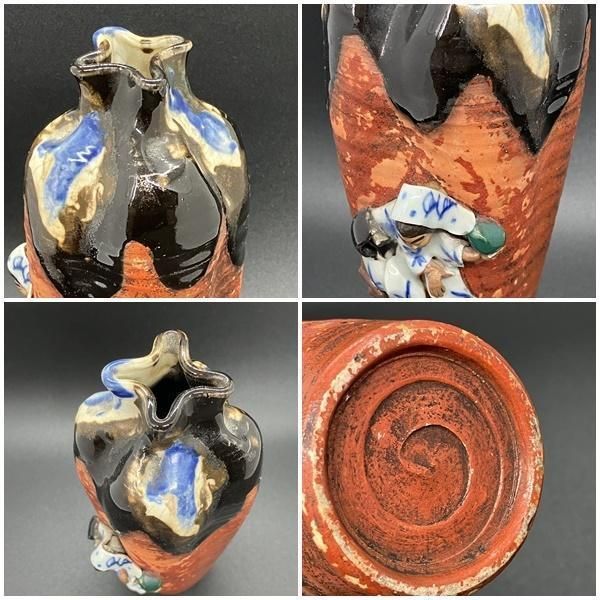 隅田焼　石黒 香二造　高浮彫　人物図　辰砂釉　花瓶　明治期 　署名あり 隅田焼 石黒 香二造 高浮彫 人物図 辰砂釉 花瓶 明治期 署名あり