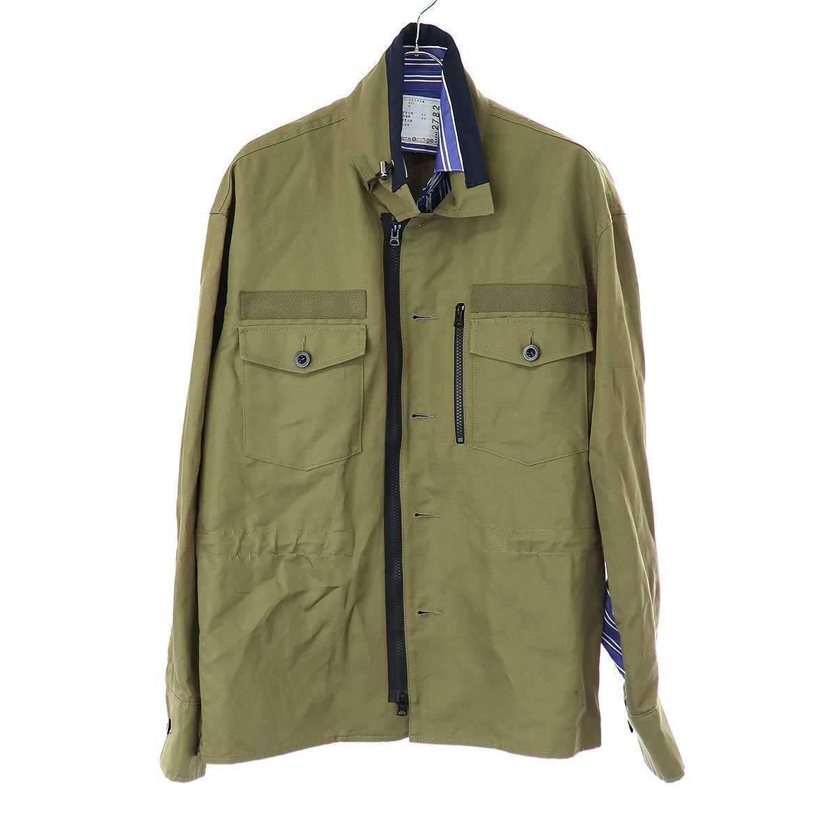 sacai サカイ 22SS cotton linen chino シャツドッキングジップアップジャケット 22-02782M カーキ系 2
