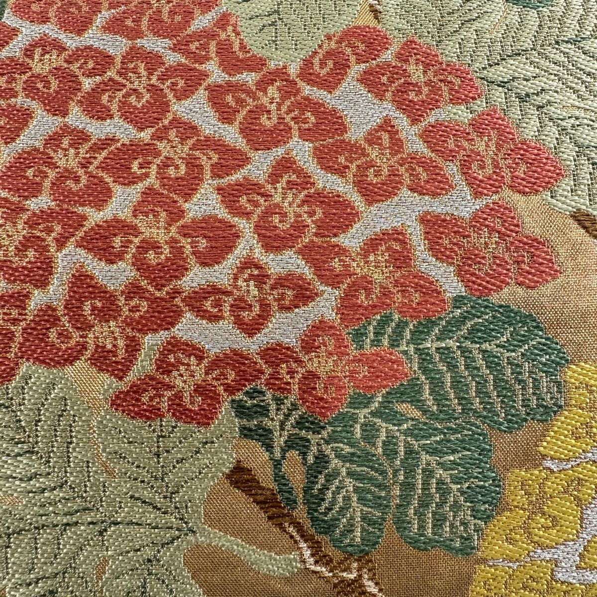 袋帯 洛風林 落款 紫陽花 金銀糸 箔 金茶 六通 正絹
