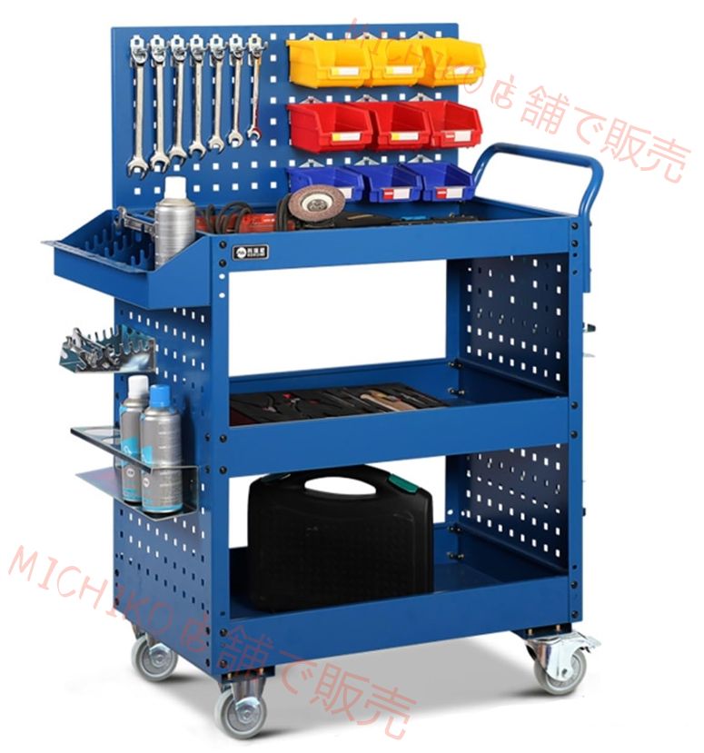 ツールワゴン 工具台車 工具カート ツールカート ツールボックス ツールワゴン キャスター付き 3段 耐荷重500KG ハンドル付 収納パネル フック付き 360度回転 工具収納 移動 運搬 作業 ガレージ 修理工場用 業務用 整備工具セット ブルー