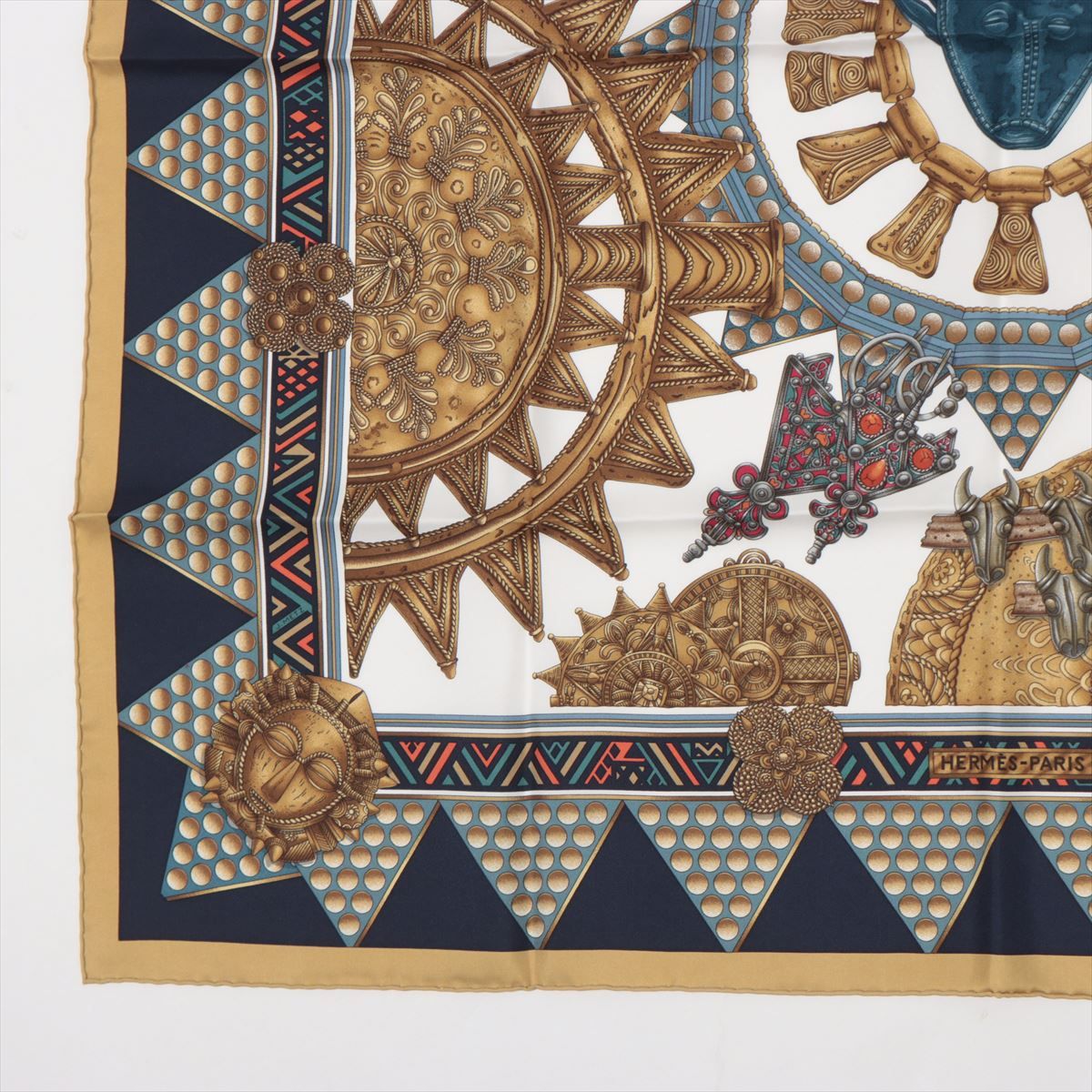 ★美品★HERMES-PARIS スカーフ L'OR DES CHEFS Hermès Scarf “L'or des Chefs” Navy & Gold Silk Scarf ~ RARE