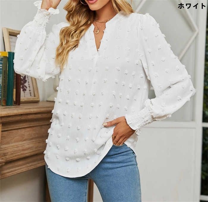 ☆eLLa☆ ブラウス ホワイト ホワイト シフォン バルーン袖 シャツ シャツブラウス シフォンブラウス ラッパ袖 バルーンスリーブ V