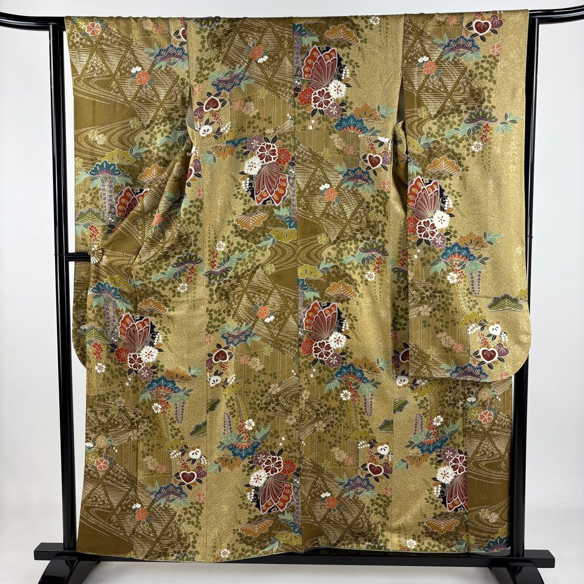 振袖 身丈158cm 裄丈64.5cm M 袷 蝶 桜 ラメ 金彩 茶緑色 正絹 秀品