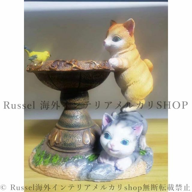 葉山家具　猫ちゃんと金魚     アンティーク風 ランプ おすすめ かわいい2匹の猫 ガーデンライト ソーラーLEDライト