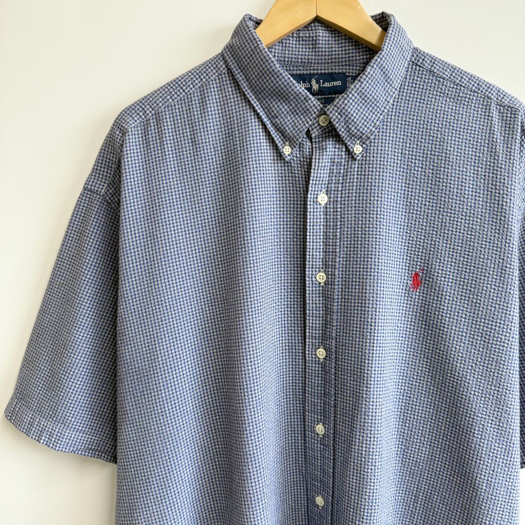 美品　ラルフローレン　シャツ　半袖　シアサッカー　ブルー　チェック　ボタンダウン 古着 ラルフローレン Ralph Lauren BLAKE ギンガムチェック シア