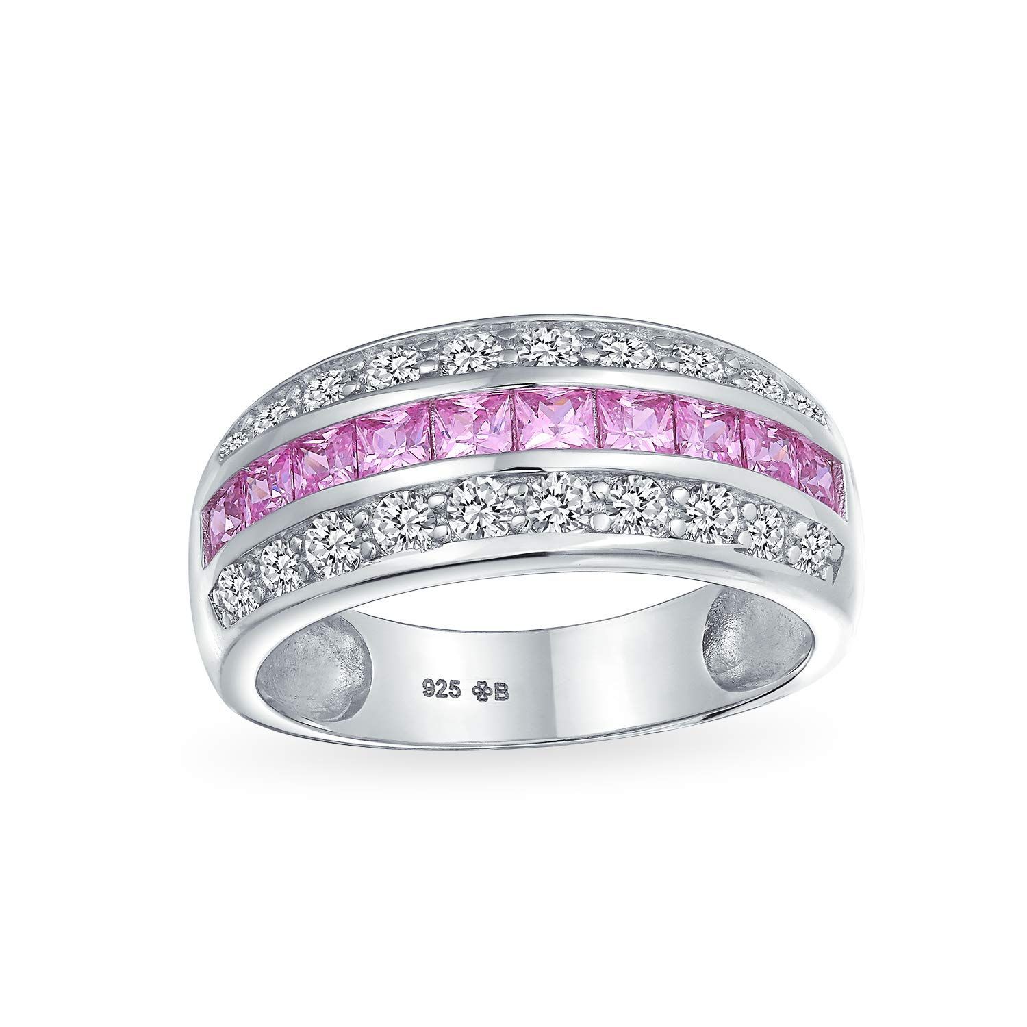 Jewelry アールデコピンクブルークリアAAAキュービックジルコニアハーフエタニティチャンネルセットプリンセスカットCZドーム3行ワイドステートメントウェディングバンドリング女性.925スターリングシルバーコンフォートフィット8