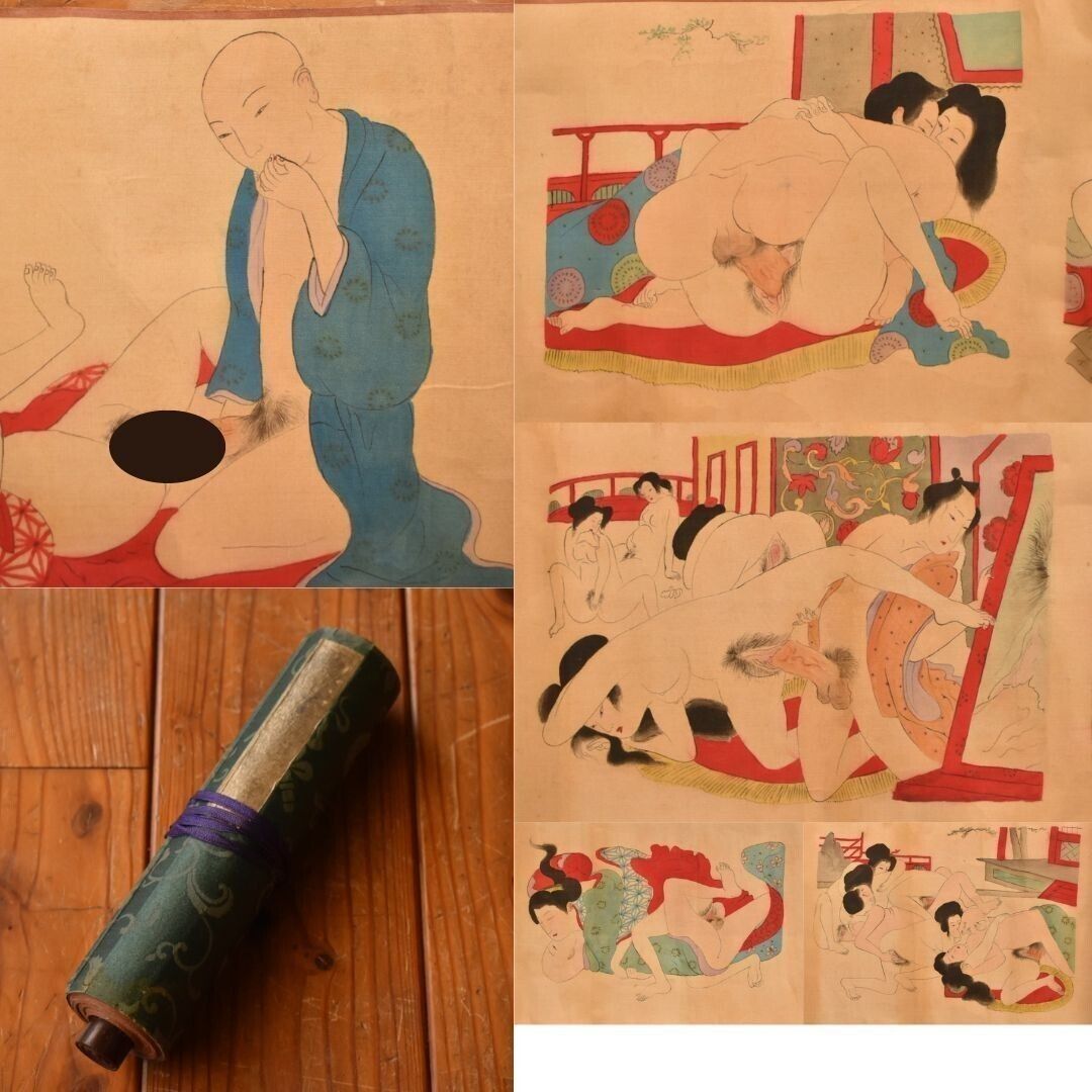春画　エロ 肉筆 春画巻物 ３m超え 無落款 全12図 中国民画風の素朴な色合いと味わい 良品☆春画 枕絵 秘画 春宮画 わじるし 秘戯画 エロ 日本画 -  メルカリ