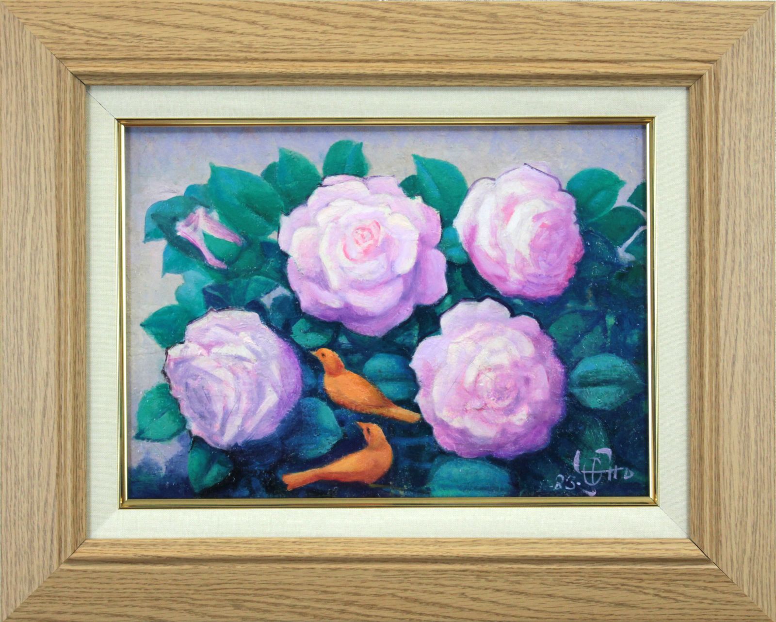 阿部乙人『花と鳥』油彩画【真作保証】 絵画
