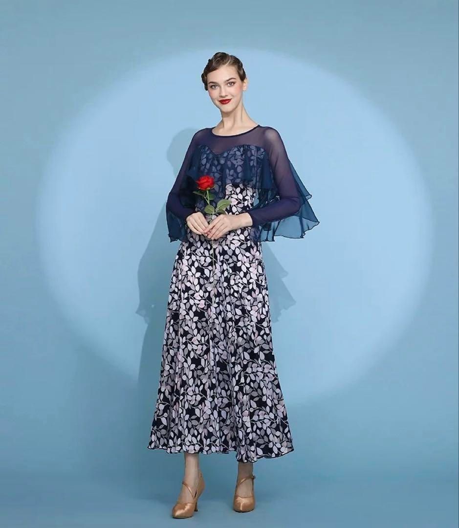 社交ダンス用 青いフリル付き トップス、サテンスカートセットアップ