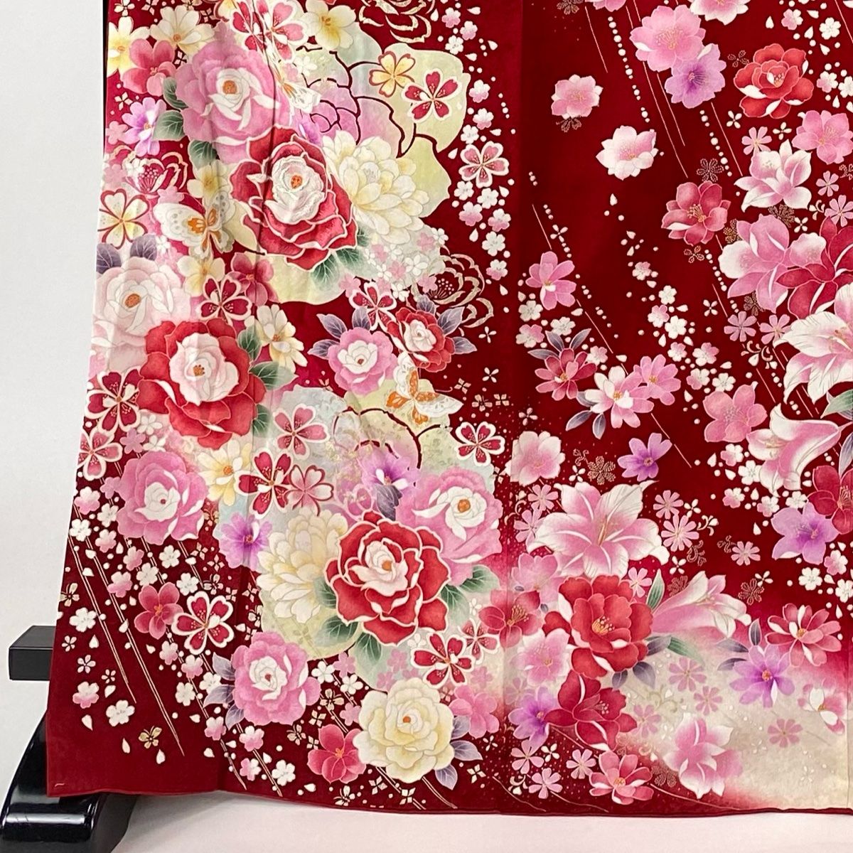 振袖 身長157-172cm オレンジ　薔薇　正絹 振袖 身丈172cm 裄丈67cm M 袷 薔薇 蝶 箔 金彩 赤 正絹 名品
