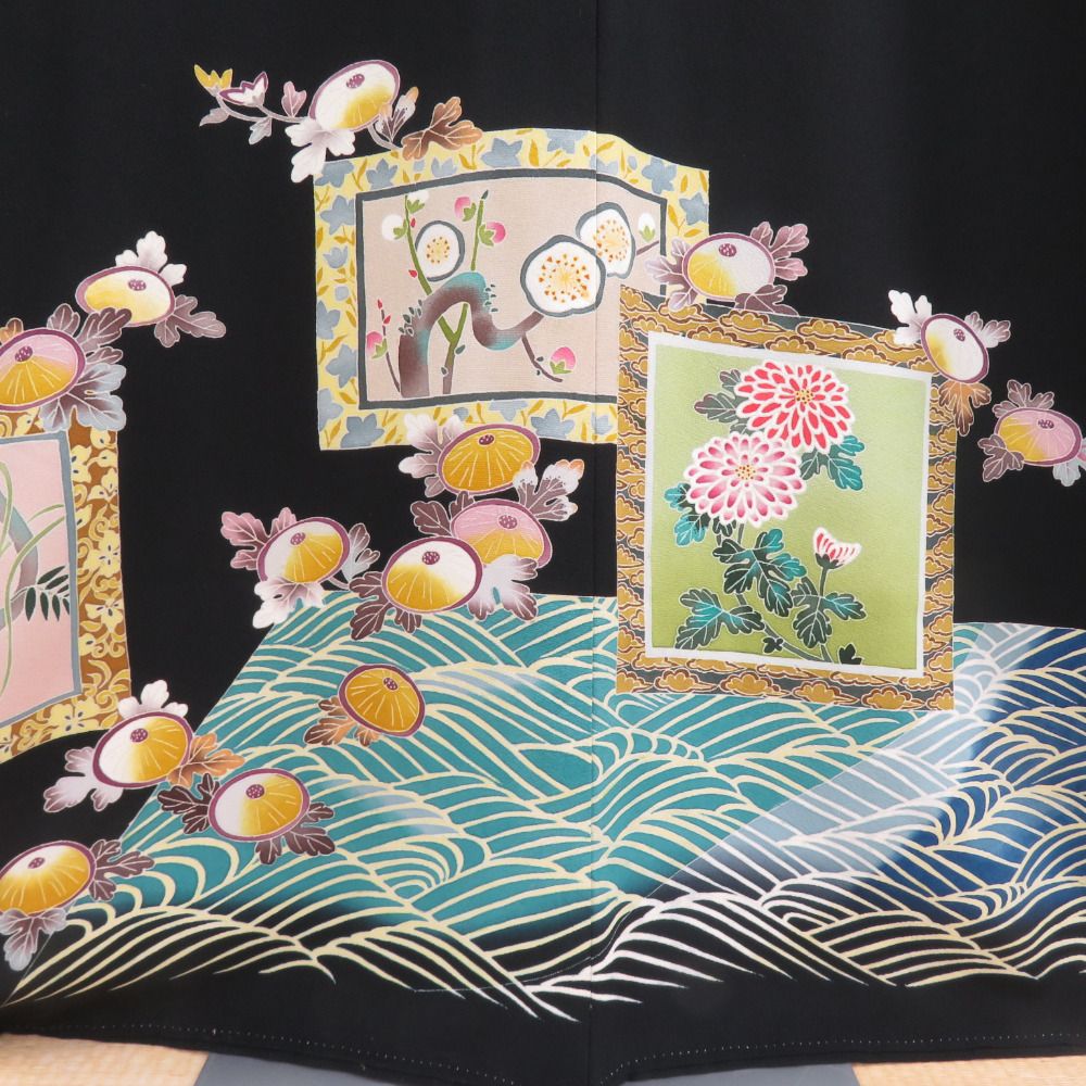 本加賀友禅 黒留袖 大久保謙一 四季色紙調柄 正絹 袷 広衿 比翼付 落款