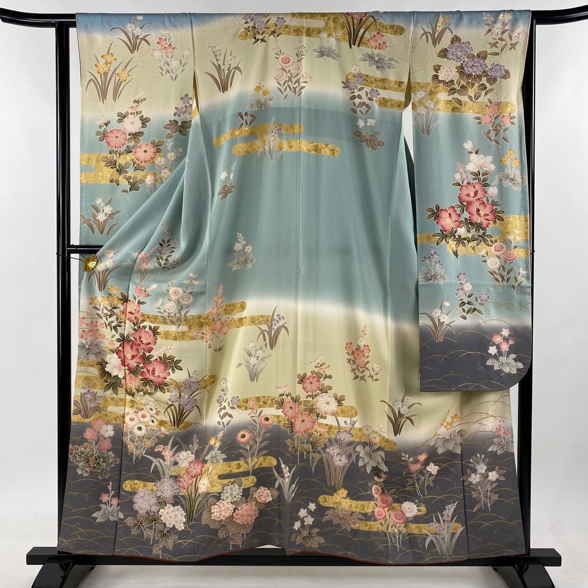 振袖 身丈158.5cm 裄丈63cm S 袷 草花 ヱ霞 水色 正絹 名品