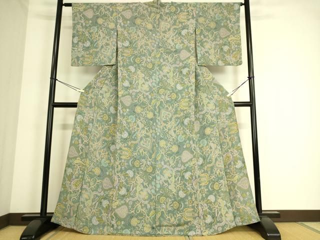 平和屋着物▽上質な小紋 単衣 更紗花文 鬼しぼ縮緬 反端付き 正絹 逸品
