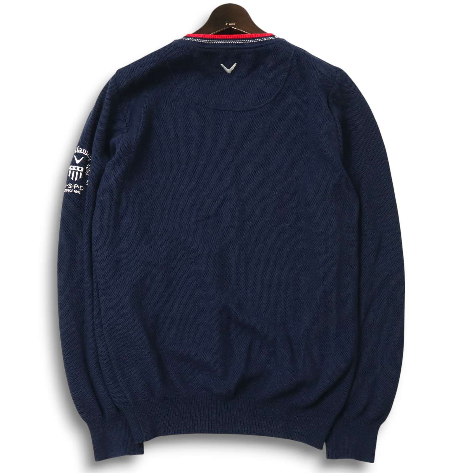 【美品】 callaway Vネック長袖ニット L ネイビー 胸元ロゴ刺繍 総柄 Callaway キャロウェイ ゴルフ 通年 ロゴ刺繍☆ ニット Vネック