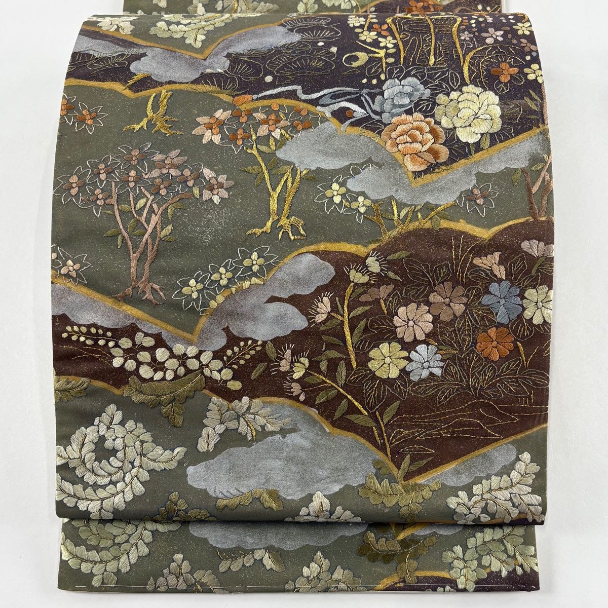 袋帯 枝花 御所車 刺繍 金糸 灰緑 全通 正絹