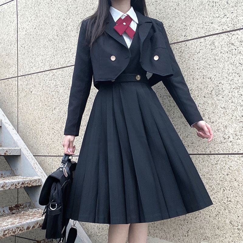 女子高生 制服 学生服 ワンピース 長袖 バッジ付き スクールワンピース スクールスカート 6点セット 女子制服 女子高校生 コスプレ JK制服