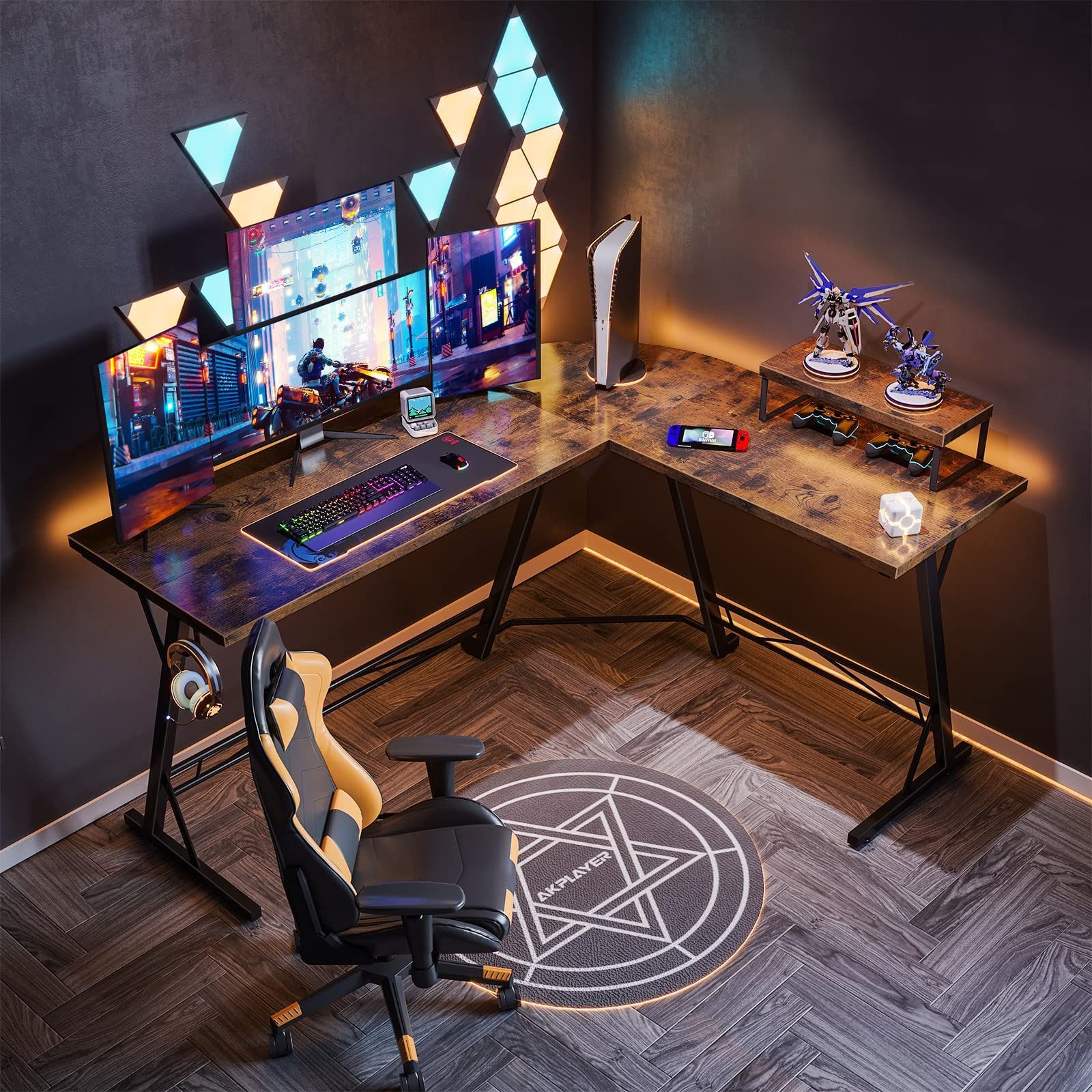 ブラウン】パソコンデスク L字デスク PCデスク ゲーミングデスク 学習机