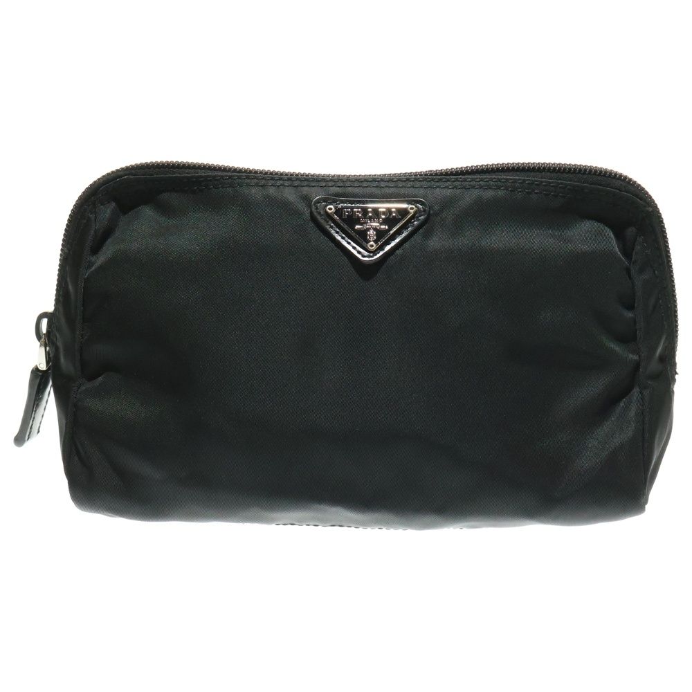 PRADA プラダ ポーチ ケース 収納 ブラック シルバー金具 ナイロン ロゴ三角プレート