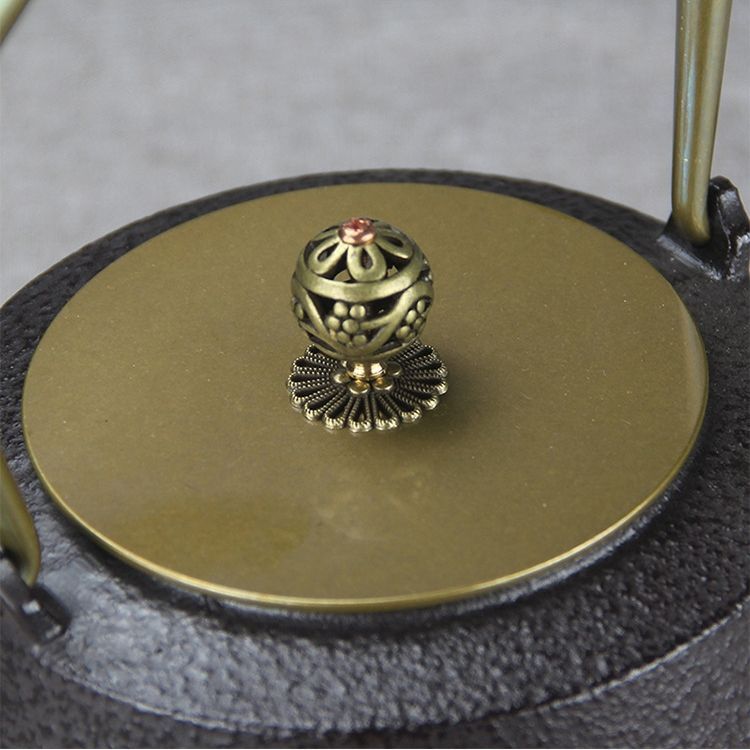 煎茶道具　日本亀文堂　黄銅蓋　山水文　鉄瓶　M　R9274 煎茶道具 日本亀文堂 黄銅蓋 山水文 鉄瓶 M R9274