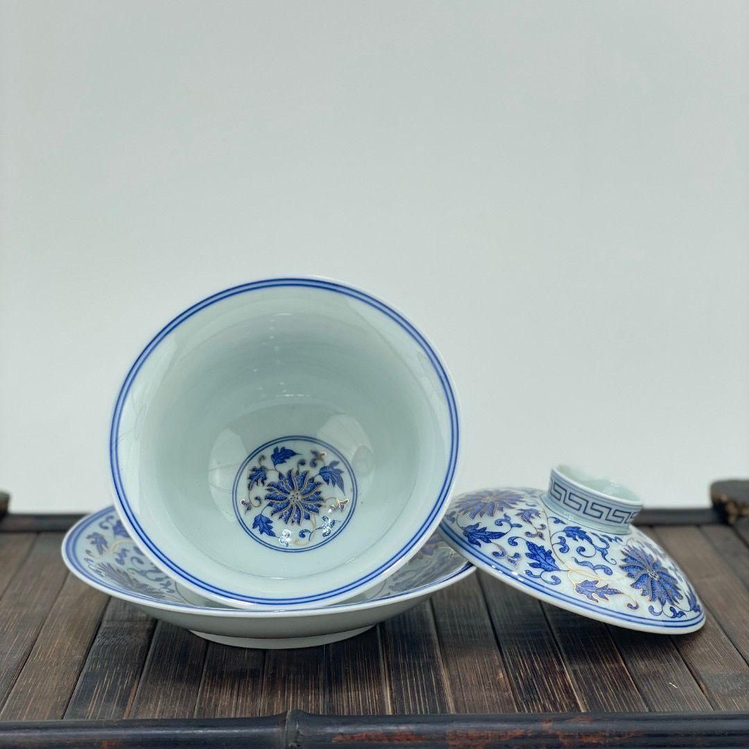 中国茶器 景徳鎮 締め金糸青花磁蓋碗 茶碗 煎茶器 新品未使用