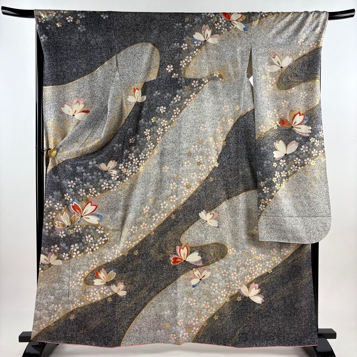 振袖 身丈162cm 裄丈68.5cm L 袷 桜 流水 金彩 ラメ 灰白 正絹 秀品