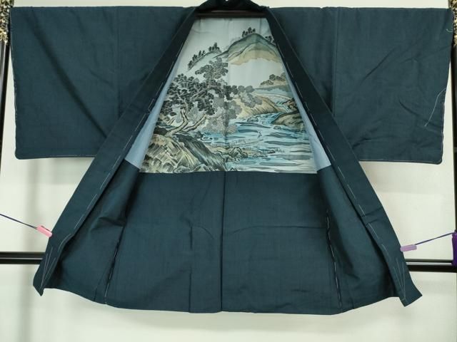 平和屋着物□極上 男性 お召 アンサンブル 長羽織 濃紺地 逸品 未使用