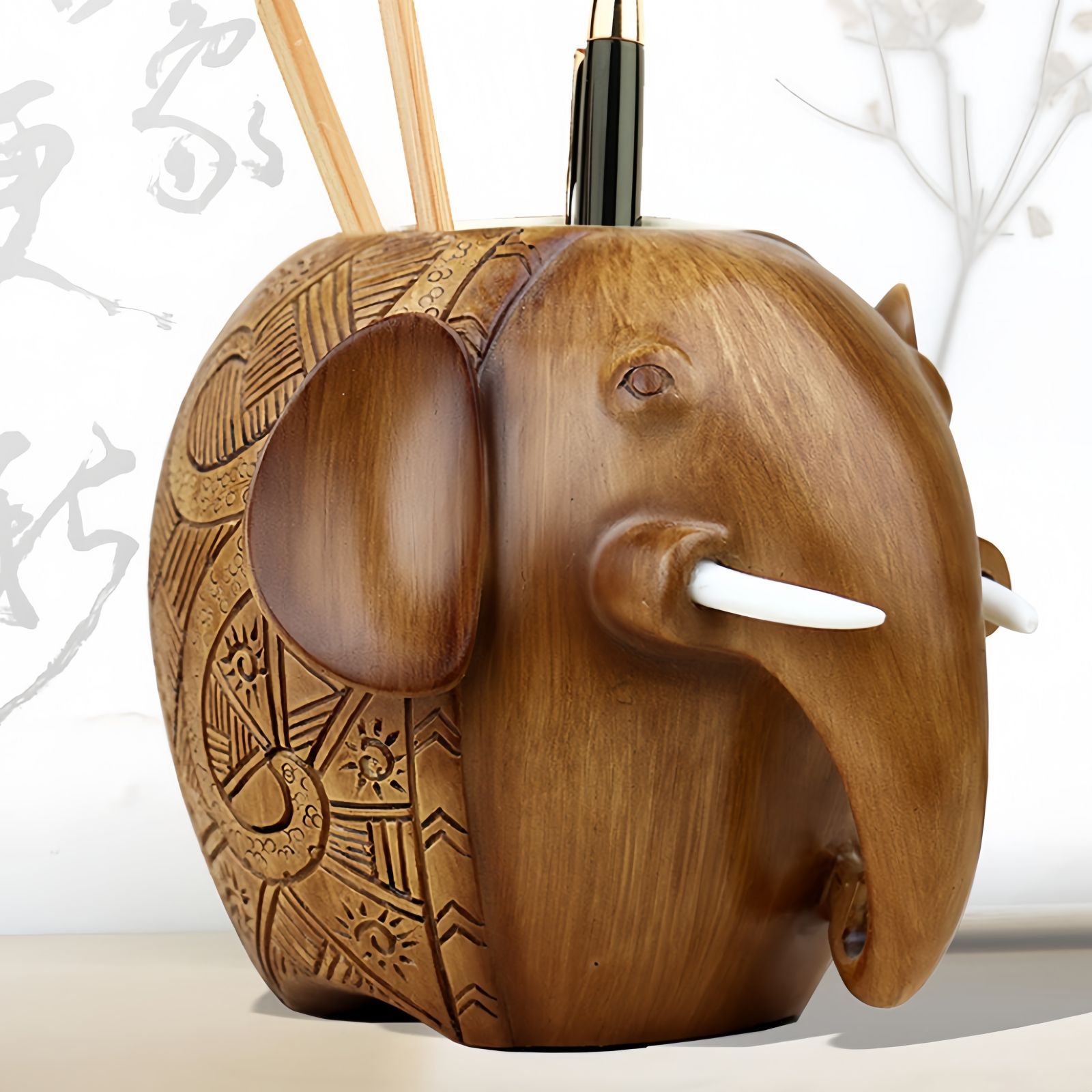 ペンホルダー 木製 ABS樹脂 ゾウ 赤ちゃん 象の赤ちゃん 丸い オフィス デスク 会社 書斎