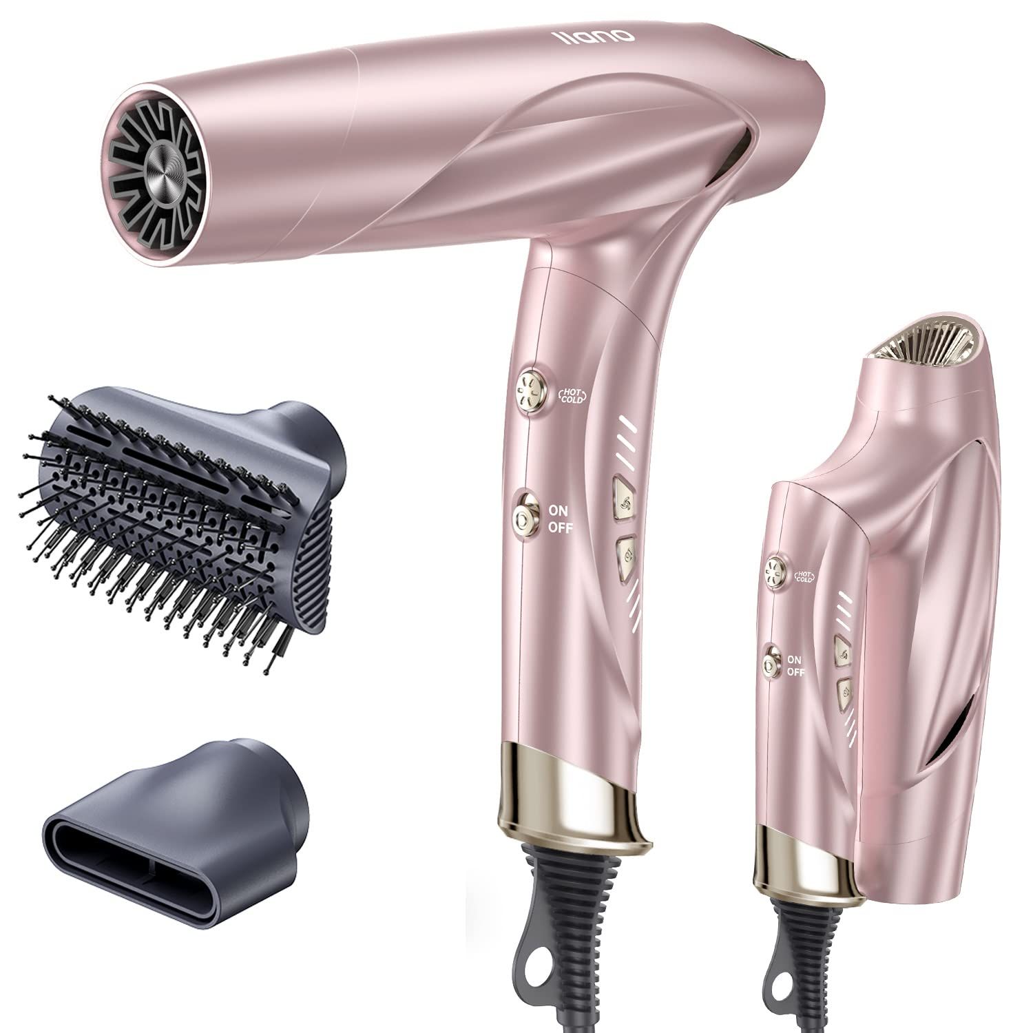 llano カーリングドライヤー 大風量 サロン級 爆風 ブローブラシ付き ストレート ボリュームアップ 速乾 ヘアドライヤー 中和イオン-温冷循環送風 コンパクト 高速 ドライヤー 折り畳み式 家庭用 旅行用 1400W PSE認証済み TR57658