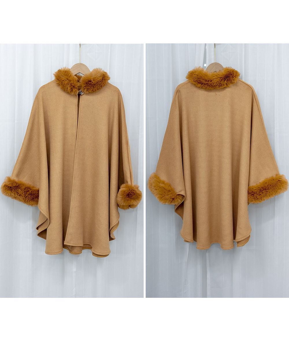 【美品】cherimi ファーケープコート ポンチョ キャメル M 即完売品 ファー付き ケープコート レディース 韓国 ポンチョコート