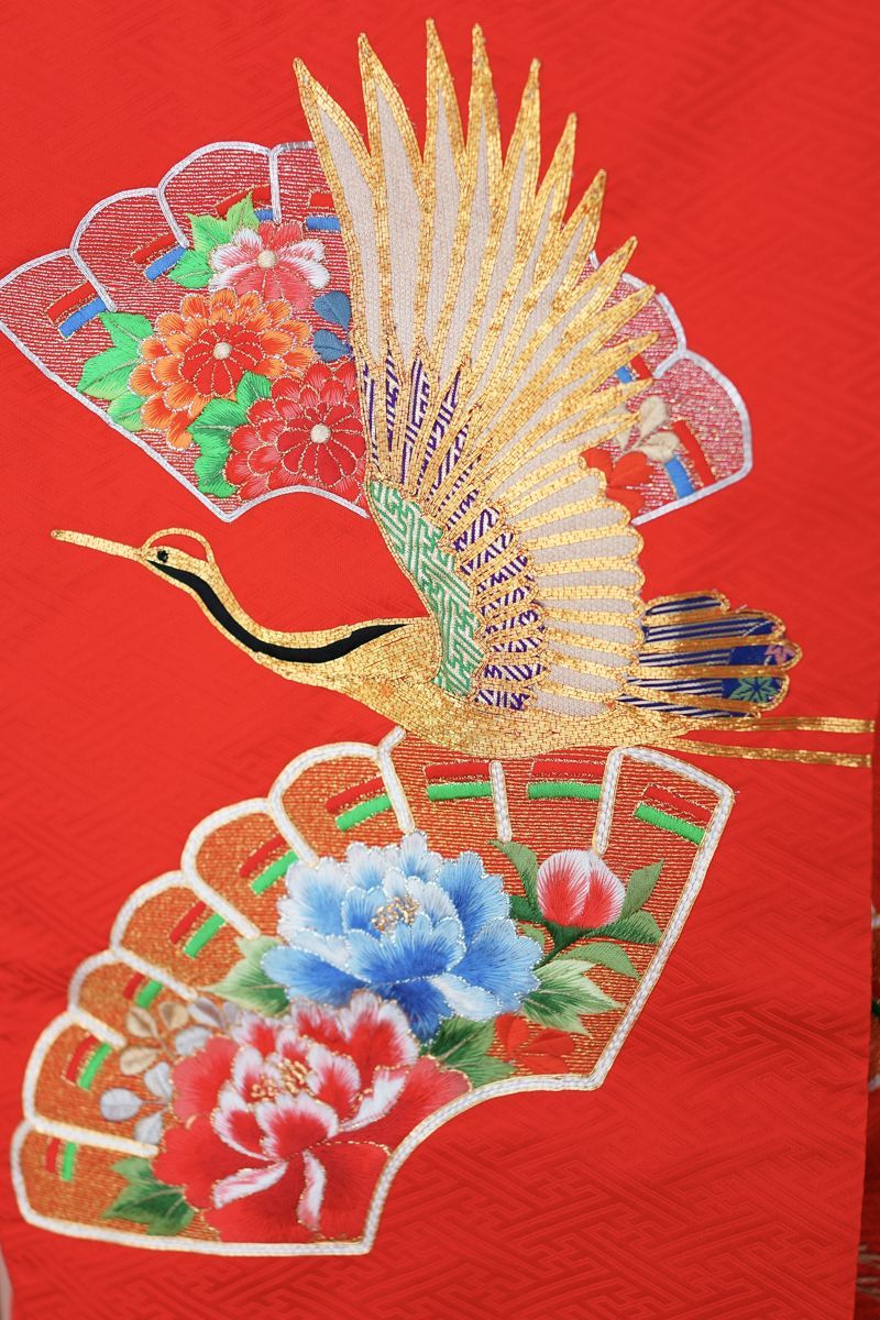 花嫁衣裳 販売 クラレナの 赤 鶴 檜扇 正絹 色打掛(cl_kimono2336)
