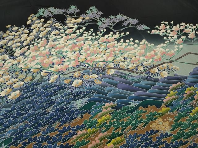平和屋着物○本場加賀友禅作家 杉浦伸 黒留袖 流水枝花文 暈し染め