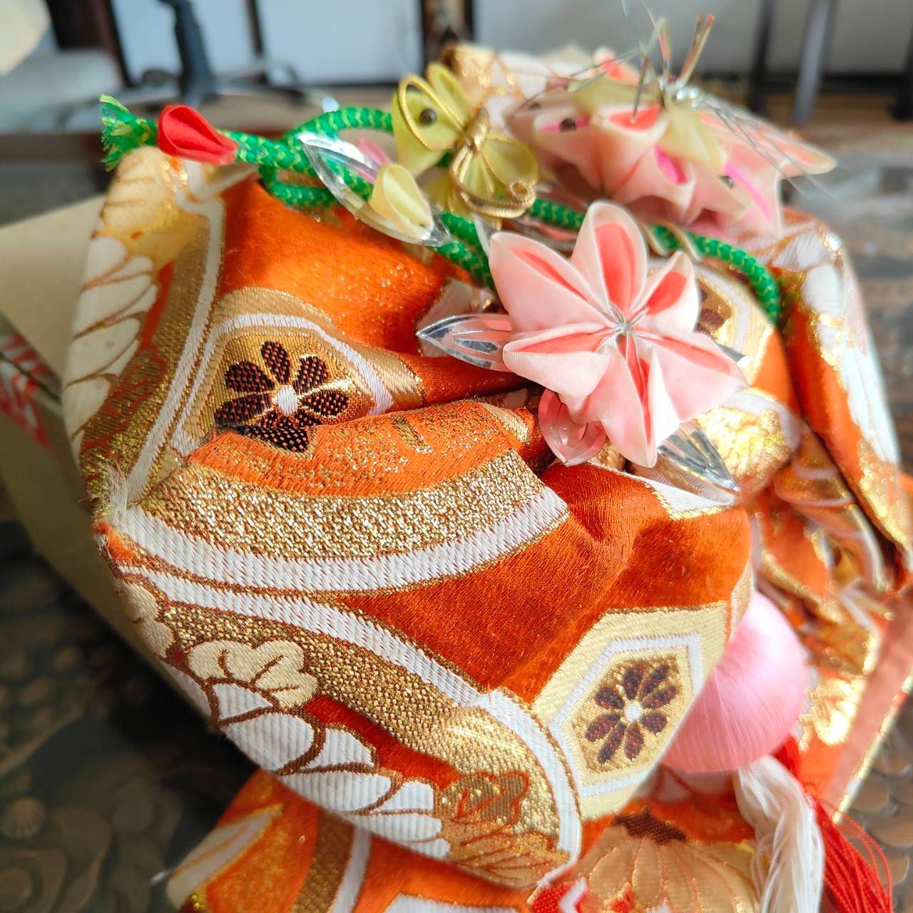 ㉕ 七五三 結び帯 5〜7歳用 中寸 オレンジ 金色 作り帯 レトロ