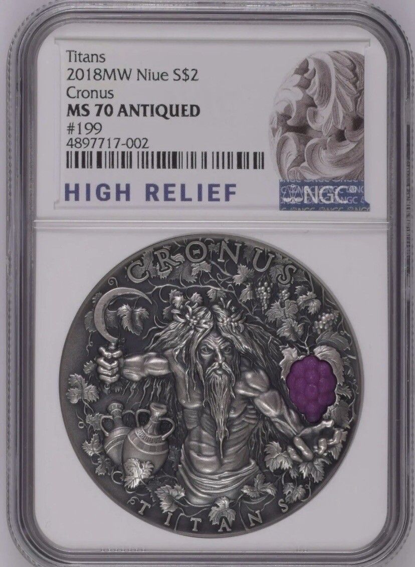 NGC MS70 2018 Niue Greek Gods Cron Titans $2 2 oz Antiqued Silver Coin