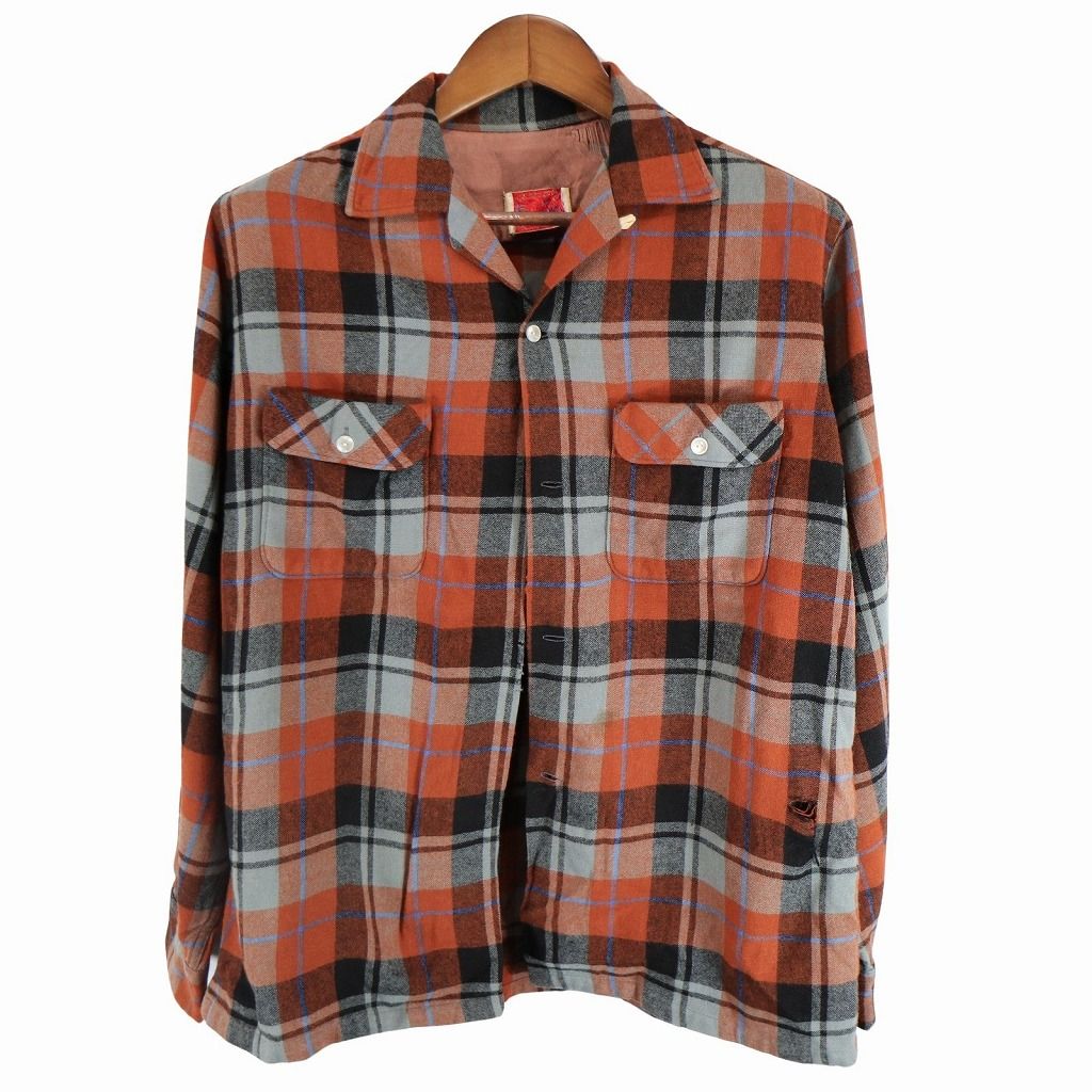 60sブラウン チェック柄 長袖ネルシャツvintage