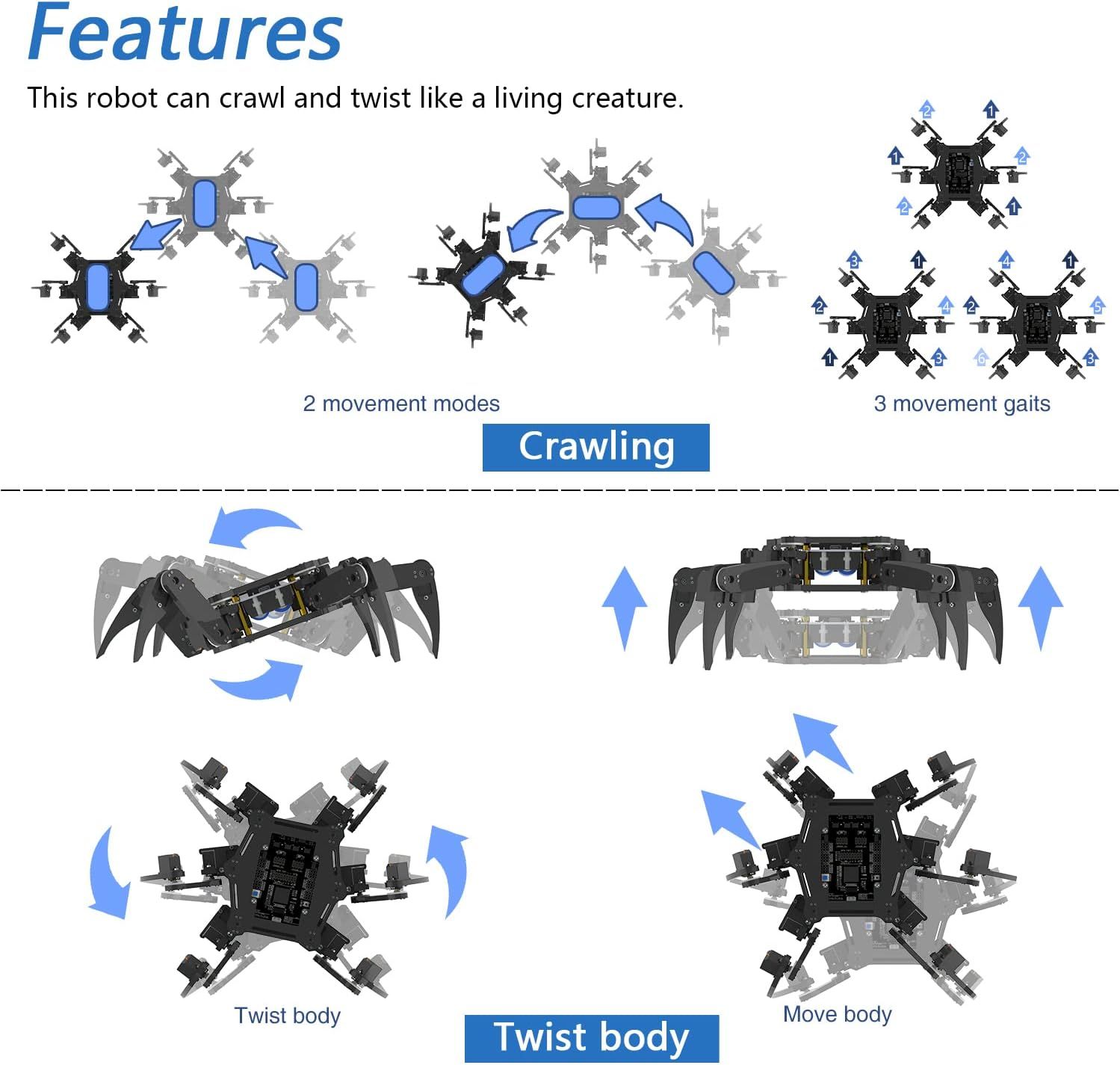 Freenove リモート付きヘキサポッドロボットキット（Arduino  IDEと互換性があります）、アプリのリモコン、ウォーキングクロールツイストサーボSTEMプロジェクト