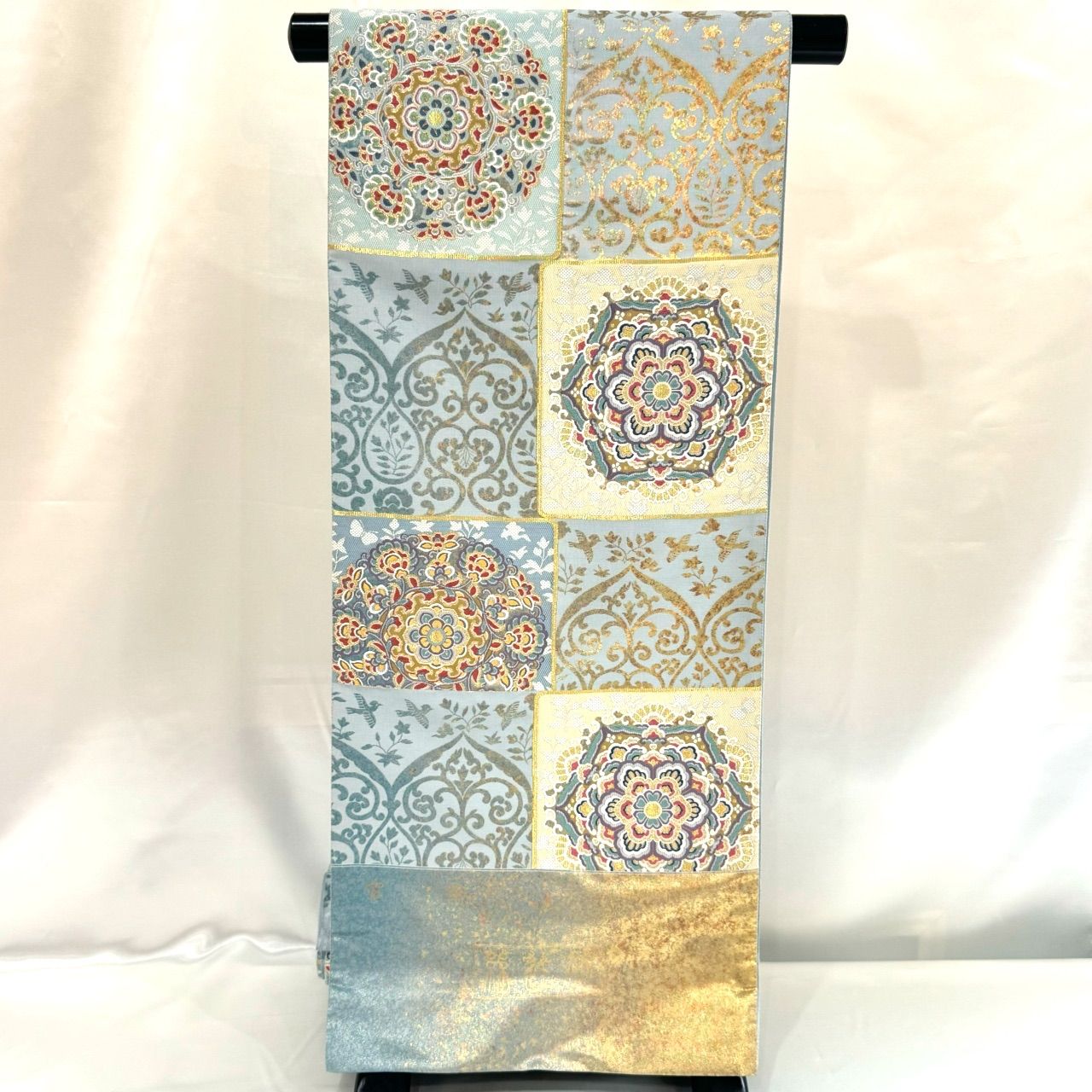 新品】高級袋帯 正絹 金糸 着物 訪問着 礼装用 刺繍 幾何学 青色 水色 