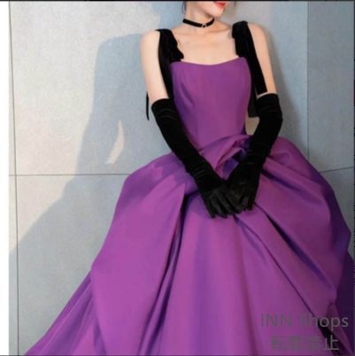 ドレス Aラインドレス ロングドレス パープル サテン ドレープ 袖なし 肩ひも 紫 ウェディングドレス 結婚式 二次会 花嫁 前撮り 演奏会 発表会 ステージ衣装 ml330cp12