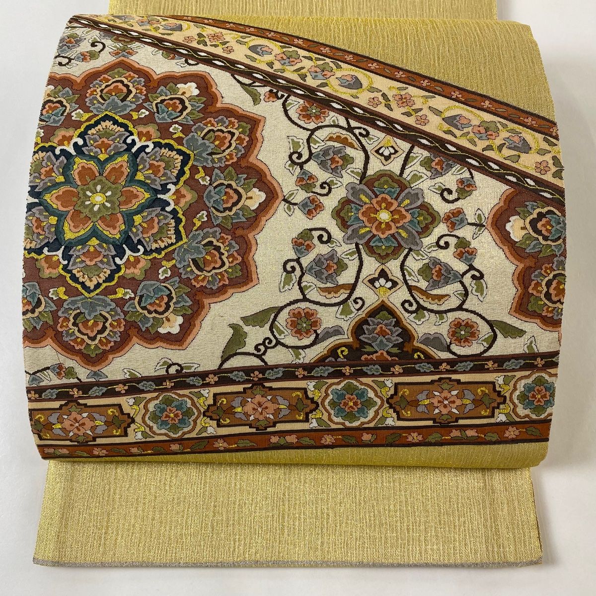 袋帯 逸品 夏帯 華文 草花 金糸 金色 お太鼓柄 正絹 【中古