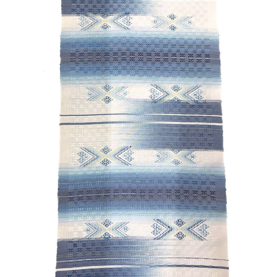 工房真南風　仲宗根めぐみ　名古屋帯　反物　花織　清藍　手織り　着物　015a d 工房真南風 仲宗根めぐみ 名古屋帯 反物 花織 清藍 手織り 着物 015a d