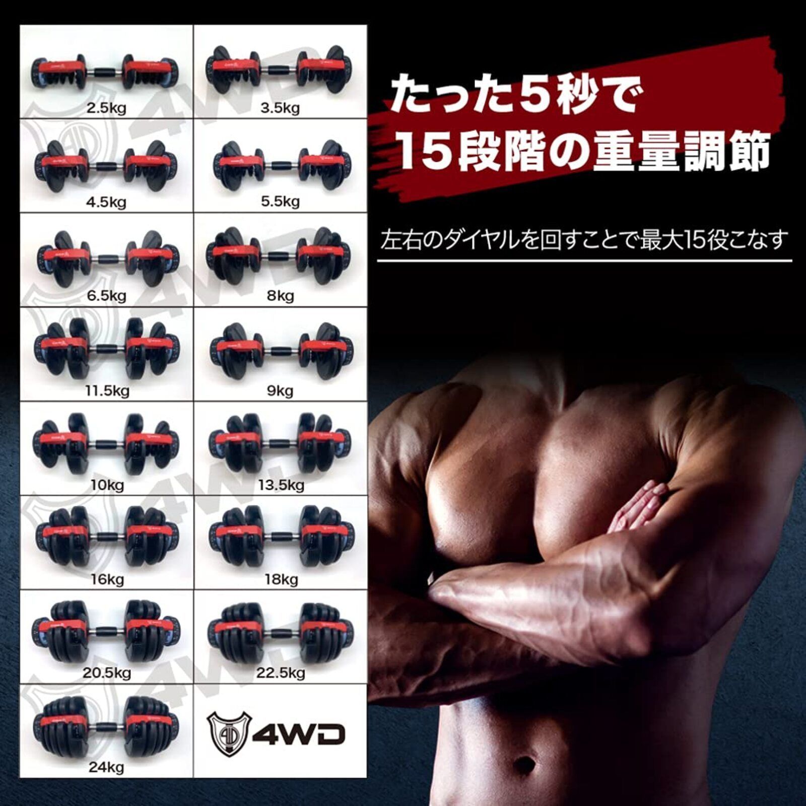 【訳アリ】 4WD 可変式ダンベル 24kg×2個セット レッド アジャスタブルダンベル 可変 可変式 可動式 調整式 ダイヤル式 ダンベル 20kg  24kg 50kg 重量調節 重さ 調節 アジャスタブル 男性 女性 初心者 省スペース