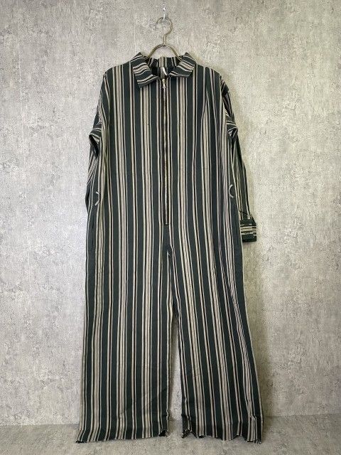 日本製 m s braque ｴﾑｽﾞﾌﾞﾗｯｸ Collared - Cuffed Jumpsuit ｼﾞｬﾝﾌﾟｽｰﾂ ｼﾞｯﾌﾟｱｯﾌﾟ ｽﾄﾗｲﾌﾟ ｸﾞﾘｰﾝ SM 33914539
