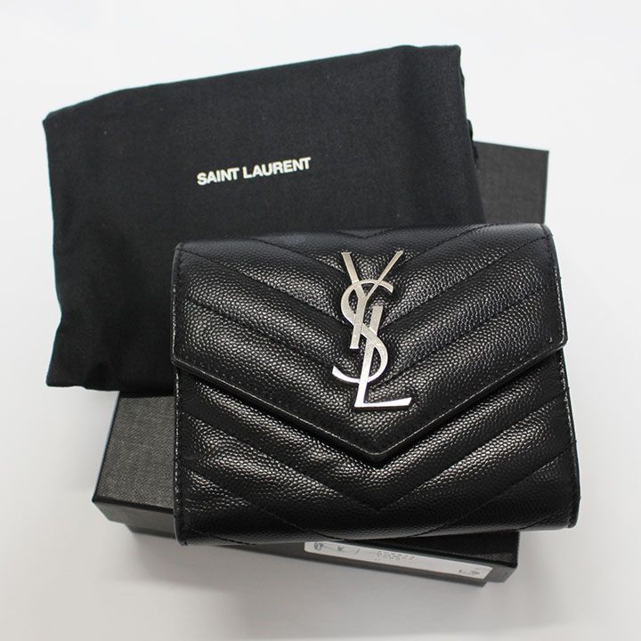 YSL サンローラン ロゴ 2つ折り財布 ブラック レザー - メルカリ