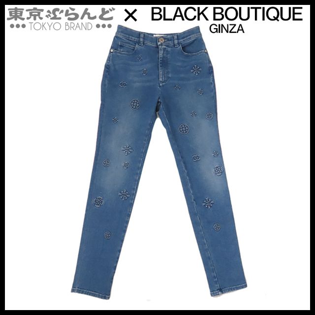 ⭕️ 本物 ランウェイ シャネル レザー切替 デニム パンツ ジーンズ 青 茶 38 CHANEL コレクションモデル ⭕️ ⭕️ 本物 ランウェイ シャネル レザー切替 デニム パンツ ジーンズ 青