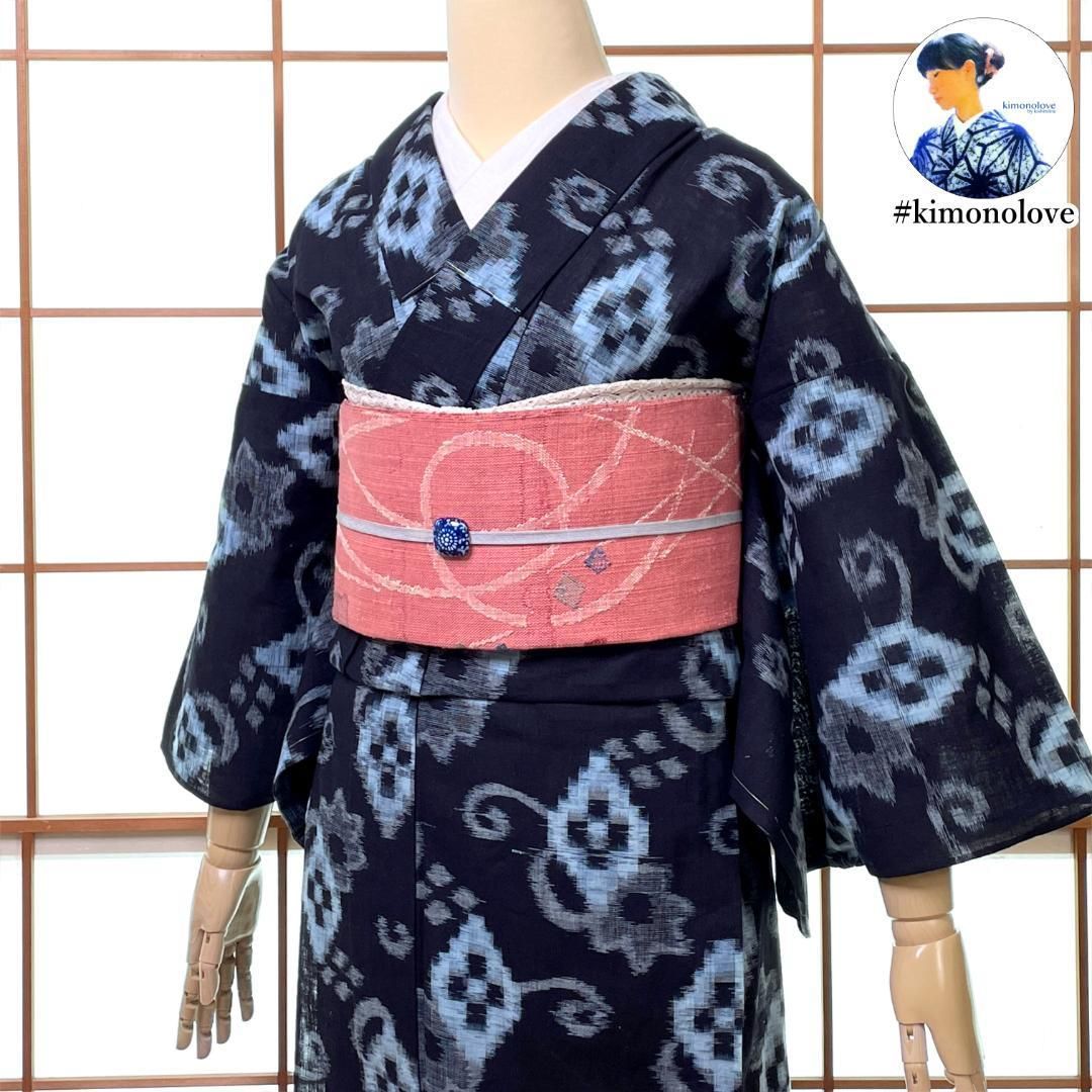 木綿絣 単衣着物 綿 花柄 濃紺 ビンテージ着物 リユース品 A-2455