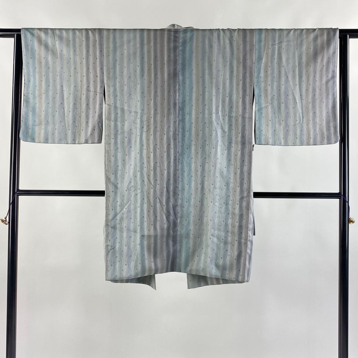 道中着 身丈105cm 裄丈63.5cm S 和装コート 着物衿 よろけ縞 ドット 縦ぼかし 青灰色 正絹