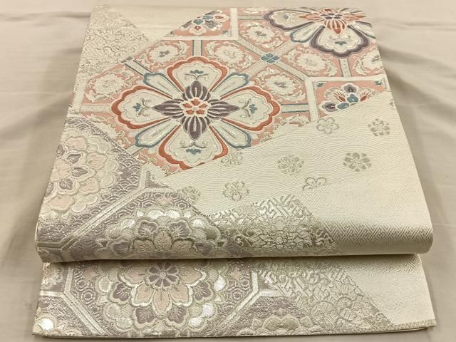 平和屋着物◎六通柄袋帯 唐織 孔雀花文 銀糸 正絹 逸品